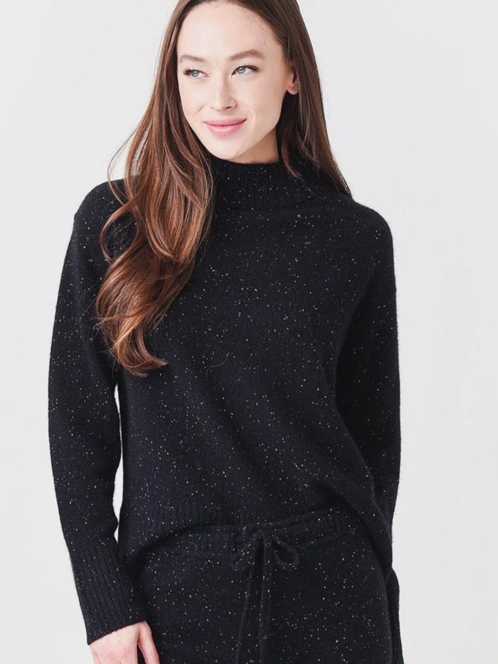 MONROW 100% Cashmere Neps Mock Neck Sweater XS Black Speckled Knit